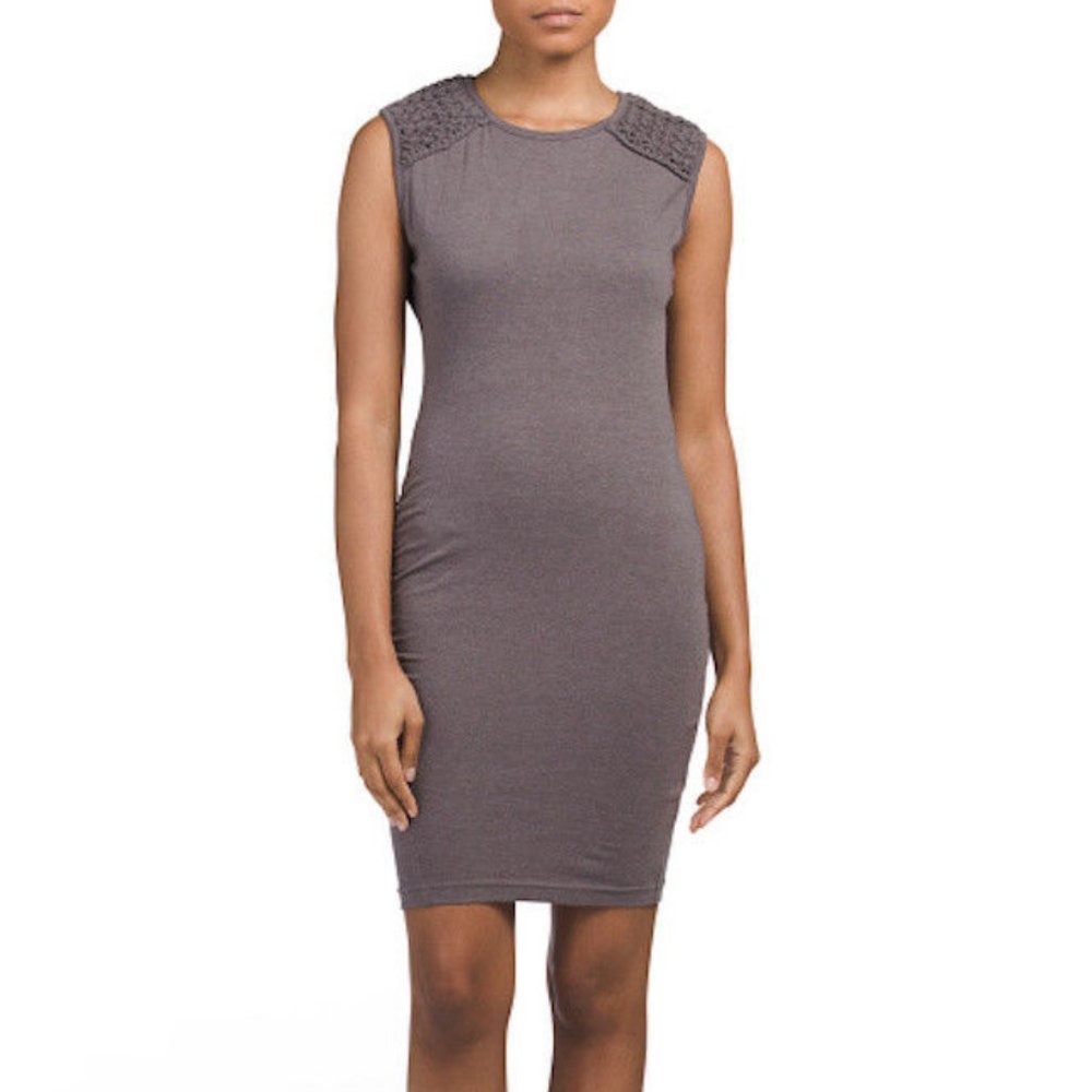 Pam & Gela Womens Knotted Sleeves Jersey Fitted Bodycon Gray Mini Ruched Dress